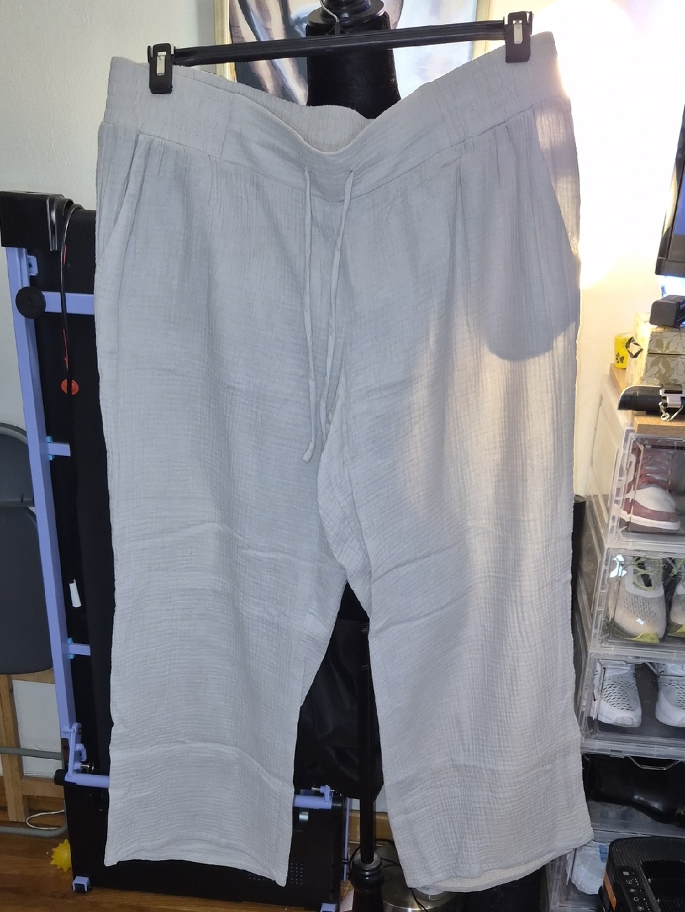 Women's Light Cream Drawstring Linen-Blend Pants